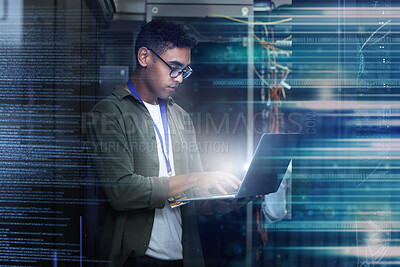 Buy stock photo Server room, laptop and man with date overlay for cyber security, programming and writing software code. Technician person or geek in data center for motherboard or firewall system assessment at work