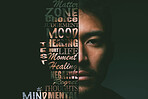 Portrait, Asian man and letter collage overlay of serious face with strong text about mental health. Letter, strong and focus of emotion, power and motivation message with a studio background