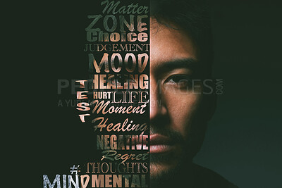 Buy stock photo Portrait, Asian man and letter collage overlay of serious face with strong text about mental health. Letter, strong and focus of emotion, power and motivation message with a studio background
