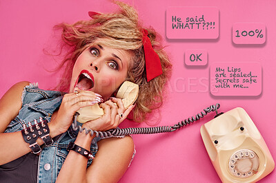 Buy stock photo Telephone, surprise and portrait of a woman in studio with speech bubbles and words for conversation. Phone call, shock and punk female model with wow, omg and wtf face expression by pink background.