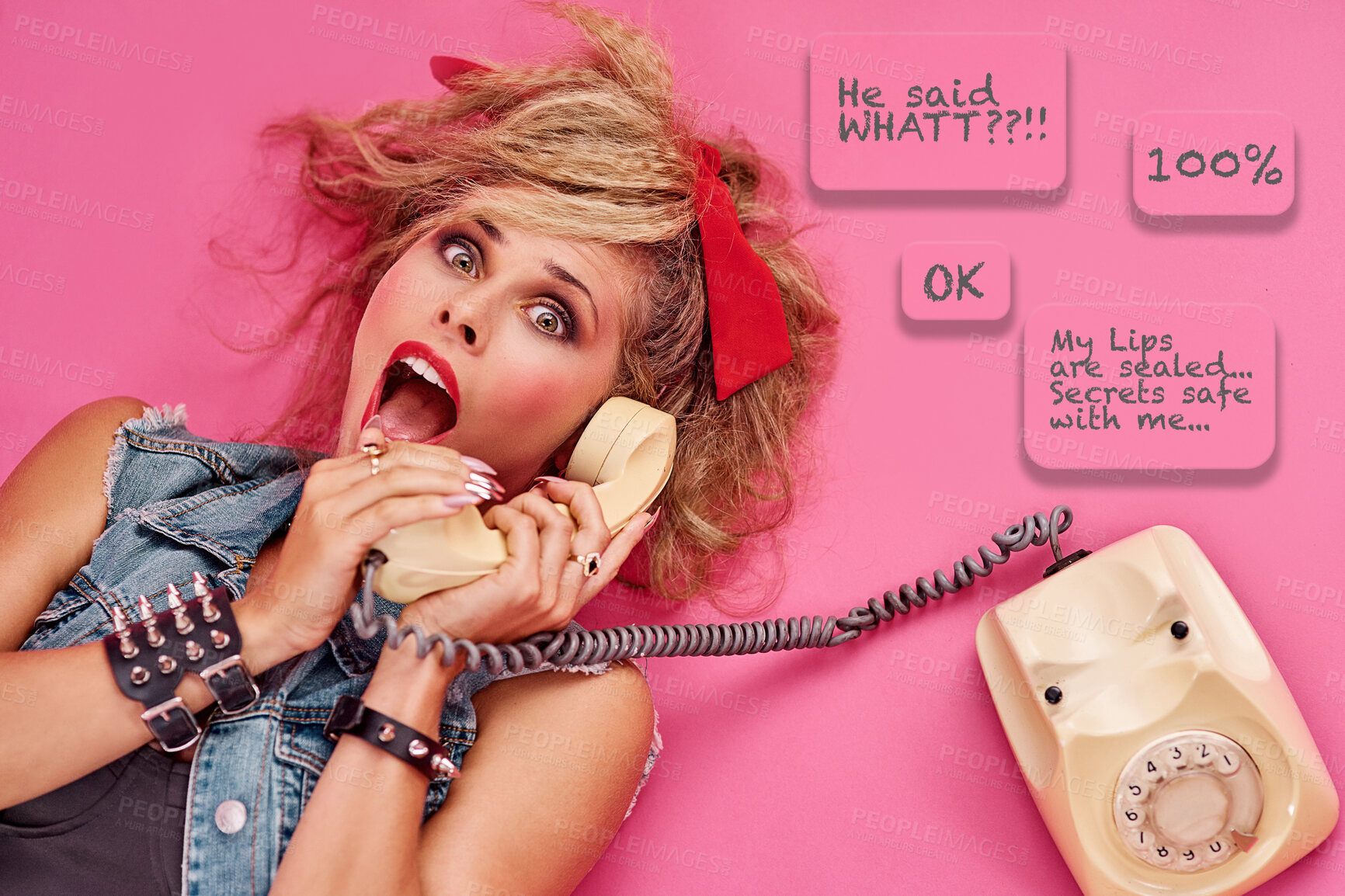Buy stock photo Telephone, surprise and portrait of a woman in studio with speech bubbles and words for conversation. Phone call, shock and punk female model with wow, omg and wtf face expression by pink background.