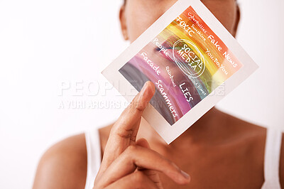 Buy stock photo Social media, showing and black woman with message on paper in hand isolated on a white background. Review, color and girl with an announcement on a document about online communication on a backdrop