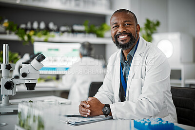 Buy stock photo Black man, portrait or science laboratory for medical research, gmo studying or healthcare for genetic engineering. Smile, happy or plant scientist with biology documents clipboard of growth research
