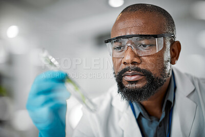 Buy stock photo Scientist face, thinking and test tubes in laboratory pharma, medical science research or gmo food engineering. Zoom, man and biologist with glass equipment in healthcare,  sustainability or growth