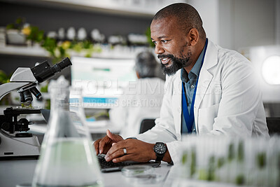 Buy stock photo Happy biologist, laptop or laboratory scientist in plant growth analytics, gmo food engineering or medical research. Smile man, worker or employee and science technology for leaf sustainability study