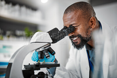 Buy stock photo Happy biologist, microscope or laboratory scientist in plant growth analytics, food engineering or medical research. Smile man, worker or employee with science magnify technology for sustainability