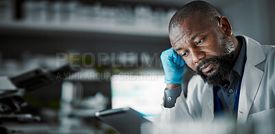 Buy stock photo Scientist man, stress and medical technology in a laboratory with a tablet and slow internet. Medical science person or doctor frustrated at desk for research with fatigue, burnout and mental health