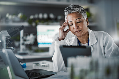 Buy stock photo Headache, tired and scientist woman in laboratory working on tablet for pharmaceutical research or data results. Mental health, fatigue and burnout senior, science person sad, stress or risk report