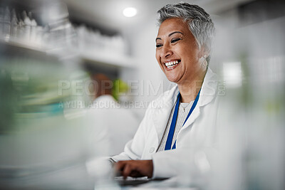 Buy stock photo Elderly woman, lab and laptop for research, science and plants for analytics, pharmaceutical study and focus. Senior scientist, expert or computer for typing with data analysis for goal in laboratory