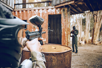 Buy stock photo War, shooting and men playing paintball, army training and team sports in nature of Mexico. Target, battle and friends with weapons during military competition, challenge or action game in the woods