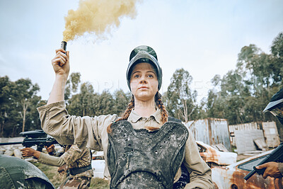 Buy stock photo Nature, battle and girl with smoke during paintball, military training and army game in Spain. War, alert and woman playing with gear and equipment during a competition, sports and action on a field