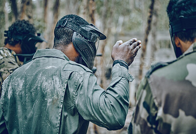Buy stock photo Training, paintball and man with hand sign for planning, strategy and plan of action outdoor. Military, men and hands by guy leading team in sports, shooting and intense target practice together