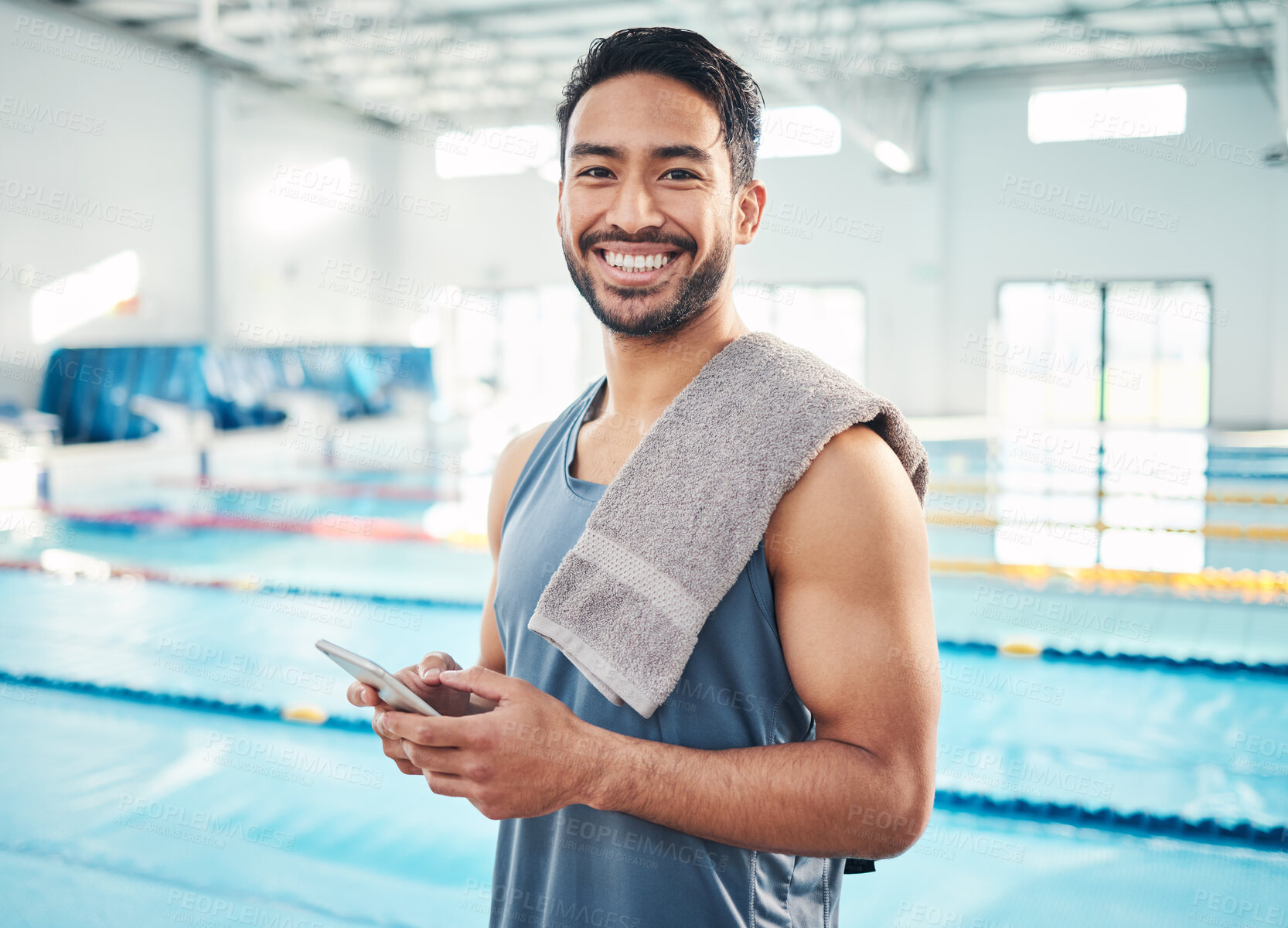 Buy stock photo Portrait, swimming pool or man with smartphone, smile or connection for social media, typing or break. Face, male swimmer or athlete with cellphone, communication or share post with healthy lifestyle