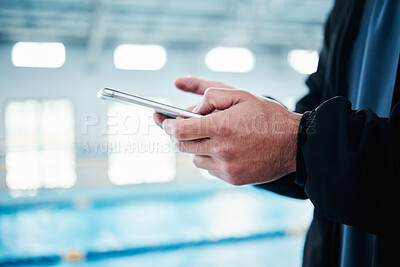 Buy stock photo Hands, man and phone for texting by swimming pool for communication, social media or contact on web. Aquatic sports athlete, smartphone and typing on screen with mobile app, website and internet chat