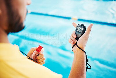 Buy stock photo Coach, swimming pool and timer in hands for training, water exercise and health sports with lifeguard professional. Practice, competition and fitness person hand holding stopwatch on blue background