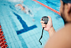 Sports, swimming and coach with a timer for training, exercise or a extreme sport competition. Fitness, pool and athlete or swimmer doing a cardio workout or practice with a mentor with a watch.