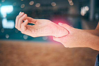 Buy stock photo Tendinitis, red pain and wrist of person in sports or swimming training, exercise and workout with muscle risk. Bone injury, athlete or swimmer woman hands for medical check or emergency by pool