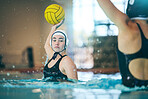 Water polo, sports and girl with ball in swimming pool for training, exercise and fitness with team. Professional sport, teamwork and female player with focus for winning game, competition and match