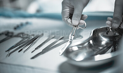 Buy stock photo Healthcare, surgeon and medical instruments for surgery in  a ER or operating room in the hospital. Emergency, steel appliances and nurse giving tools to a doctor for a operation in surgical theatre.