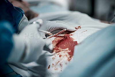 Buy stock photo Surgery, blood and doctor hands with medical surgeon scissors for hospital and clinic emergency. Health service, doctors and wellness care of a healthcare worker working on a patient with tools