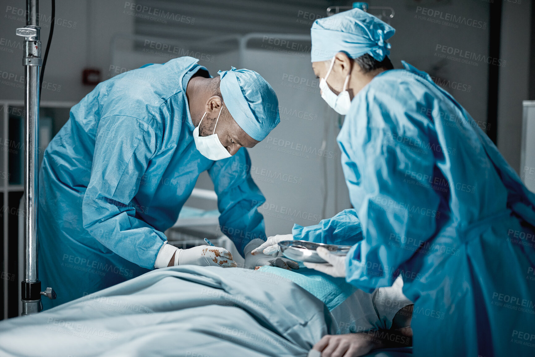 Buy stock photo Hospital, surgery and healthcare doctors in operating room for emergency operation on patient. Health, collaboration and team of medical surgeons working with surgical tools to save a life in clinic.