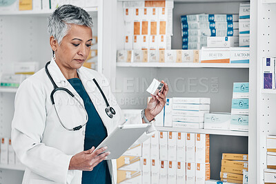 Buy stock photo Medicine, pharmacy and senior pharmacist doing research on pills and medication on a digital tablet. Reading, information and elderly female medical worker checking healthcare prescription at clinic.