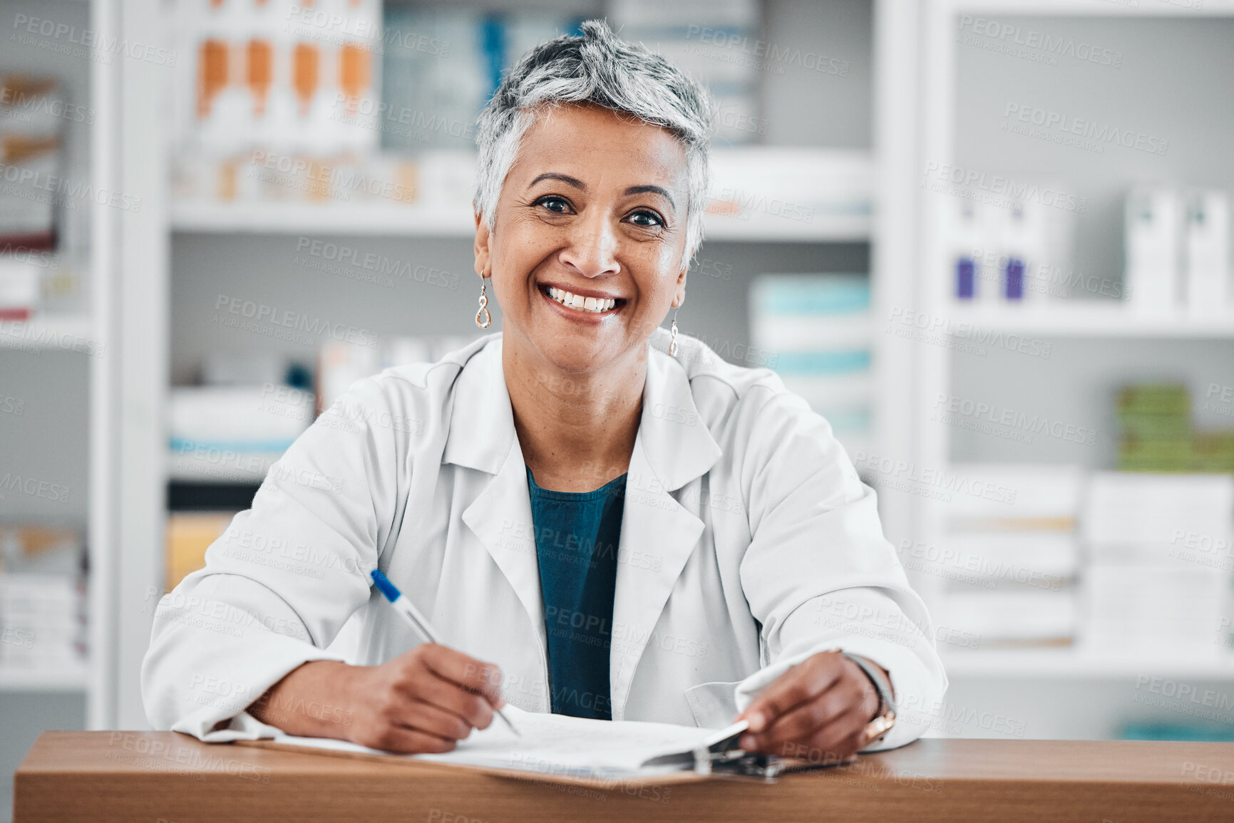 Buy stock photo Senior woman, pharmacist portrait and paper data of pills stock, insurance or medical documents. Healthcare, doctor and elderly female wellness consultant with happiness and smile about pharmacy