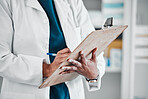 Pharmacy, inventory and hands of woman with clipboard for checklist,  pills and medication in a drug store. Hand, stock and pharmacist with list for medical, information and product management 