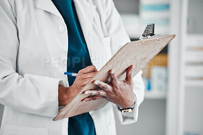 Buy stock photo Pharmacy, inventory and hands of woman with clipboard for checklist,  pills and medication in a drug store. Hand, stock and pharmacist with list for medical, information and product management 