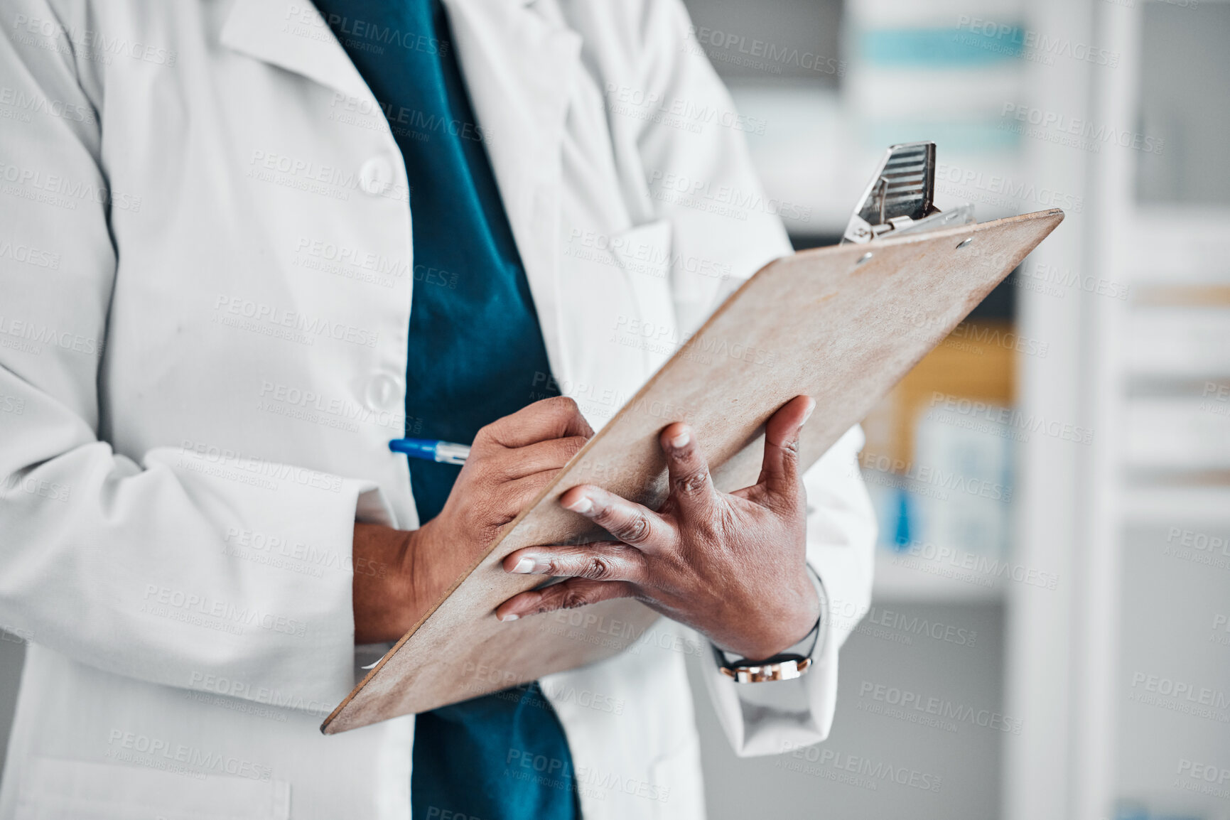 Buy stock photo Pharmacy, inventory and hands of woman with clipboard for checklist,  pills and medication in a drug store. Hand, stock and pharmacist with list for medical, information and product management 