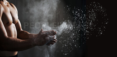 Buy stock photo Fitness chalk, black man hands and exercise training of a gym, workout and challenge for health. Dust, mockup and healthy sport start with wellness and strength with abs and strong body with mock up