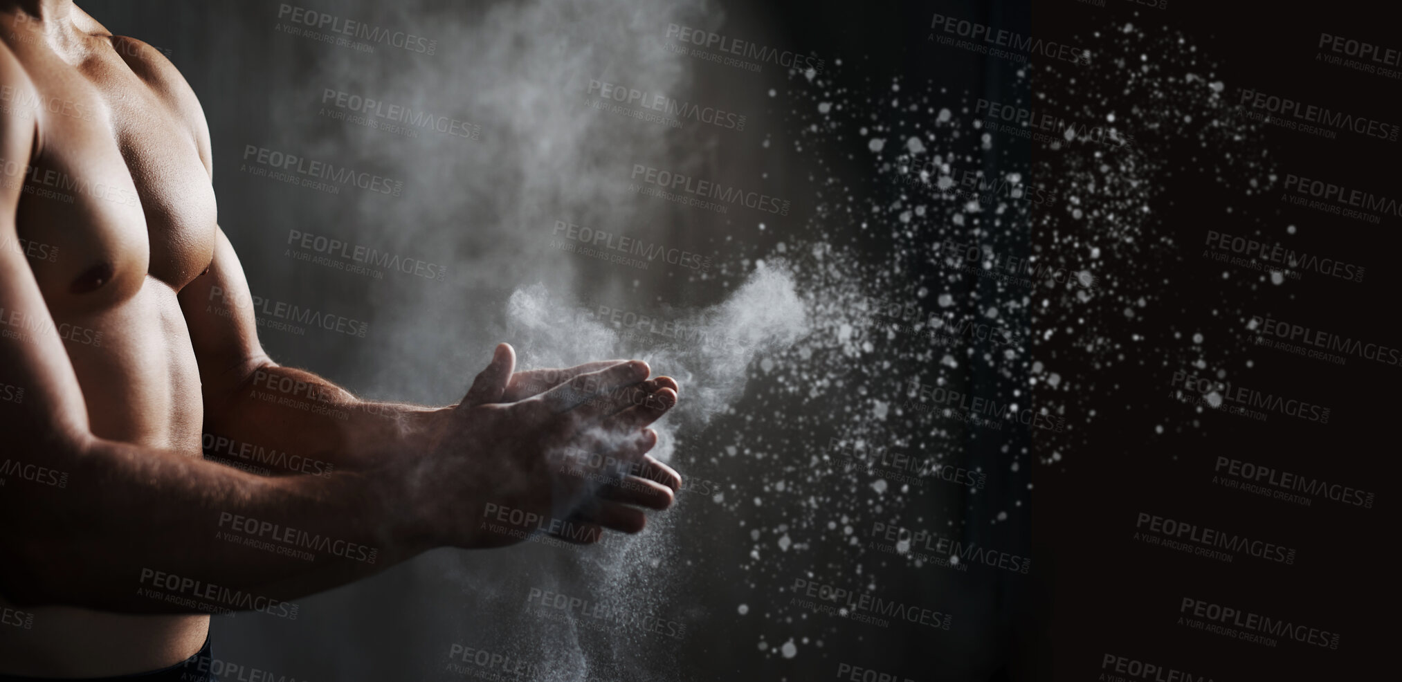 Buy stock photo Fitness chalk, black man hands and exercise training of a gym, workout and challenge for health. Dust, mockup and healthy sport start with wellness and strength with abs and strong body with mock up