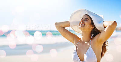 Buy stock photo Travel, beach and woman on summer, vacation and holiday against bokeh, water and nature background. Happy, freedom and girl relax at the ocean, fun and smile while enjoying freedom, sun and joy