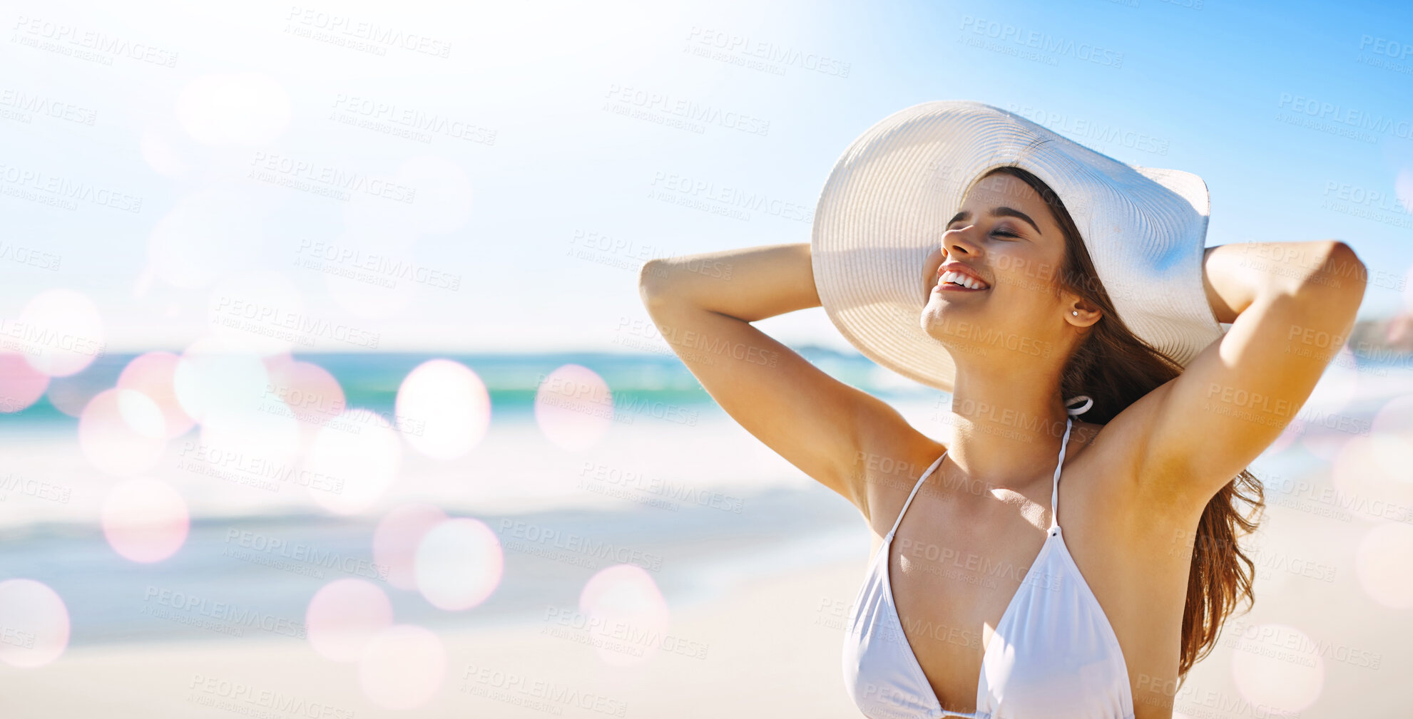 Buy stock photo Travel, beach and woman on summer, vacation and holiday against bokeh, water and nature background. Happy, freedom and girl relax at the ocean, fun and smile while enjoying freedom, sun and joy