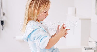 Buy stock photo Girl kid, wash hands and bathroom with soap, foam and health in family home with water at faucet. Child, cleaning palm and safety to stop bacteria, virus or germs at sink, basin or hygiene in house