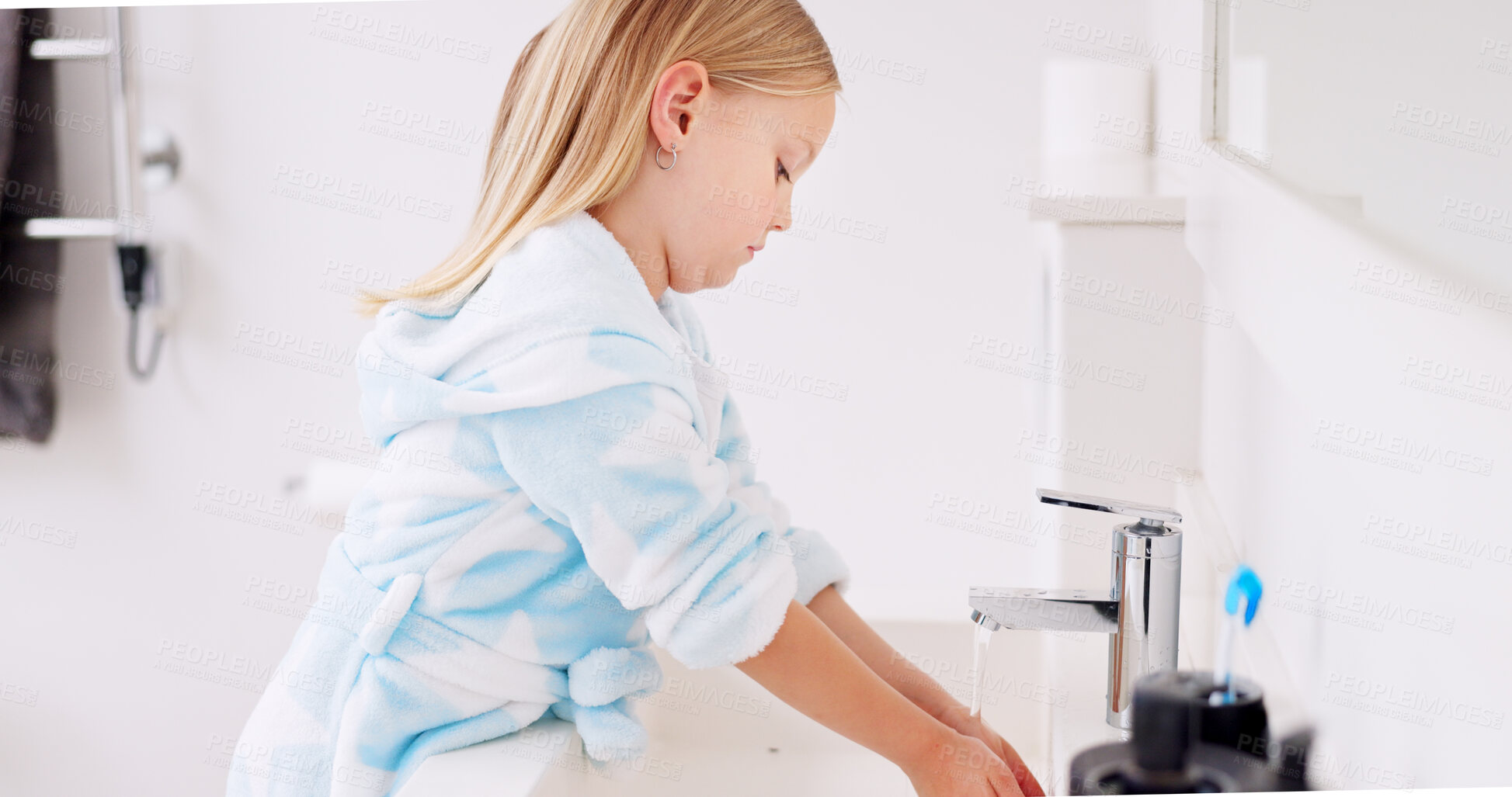 Buy stock photo Girl child, wash hands and bathroom with hygiene, soap and health in family home with water at faucet. Female kid, cleaning and safety to stop bacteria, virus or germs at sink, bath or fresh in house
