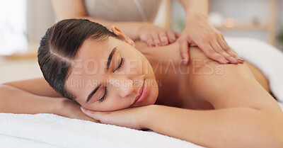 Buy stock photo Relax, spa massage and woman wellness, beauty and luxury resort with hand of masseuse for back massage. Happy, peace and zen body treatment in Thailand for beauty, skincare and healthy pamper session