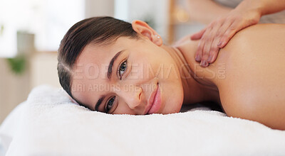 Buy stock photo Portrait, masseuse and woman back for massage to relax, happy and enjoy wellness for health, fitness or smile. Peaceful female, calm lady and spa for physical therapy, body treatment or stress relief