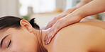 Relax, spa and massage with hands of woman for skincare, beauty and wellness on back. Health, luxury and peace with nude girl patient in salon for body physiotherapy, zen and alternative medicine
