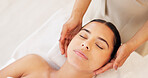 Relax, woman and spa face massage for a woman for glowing, smooth and healthy skincare treatment at a salon. Beauty, detox and hands healing a young client in a facial physical therapy session