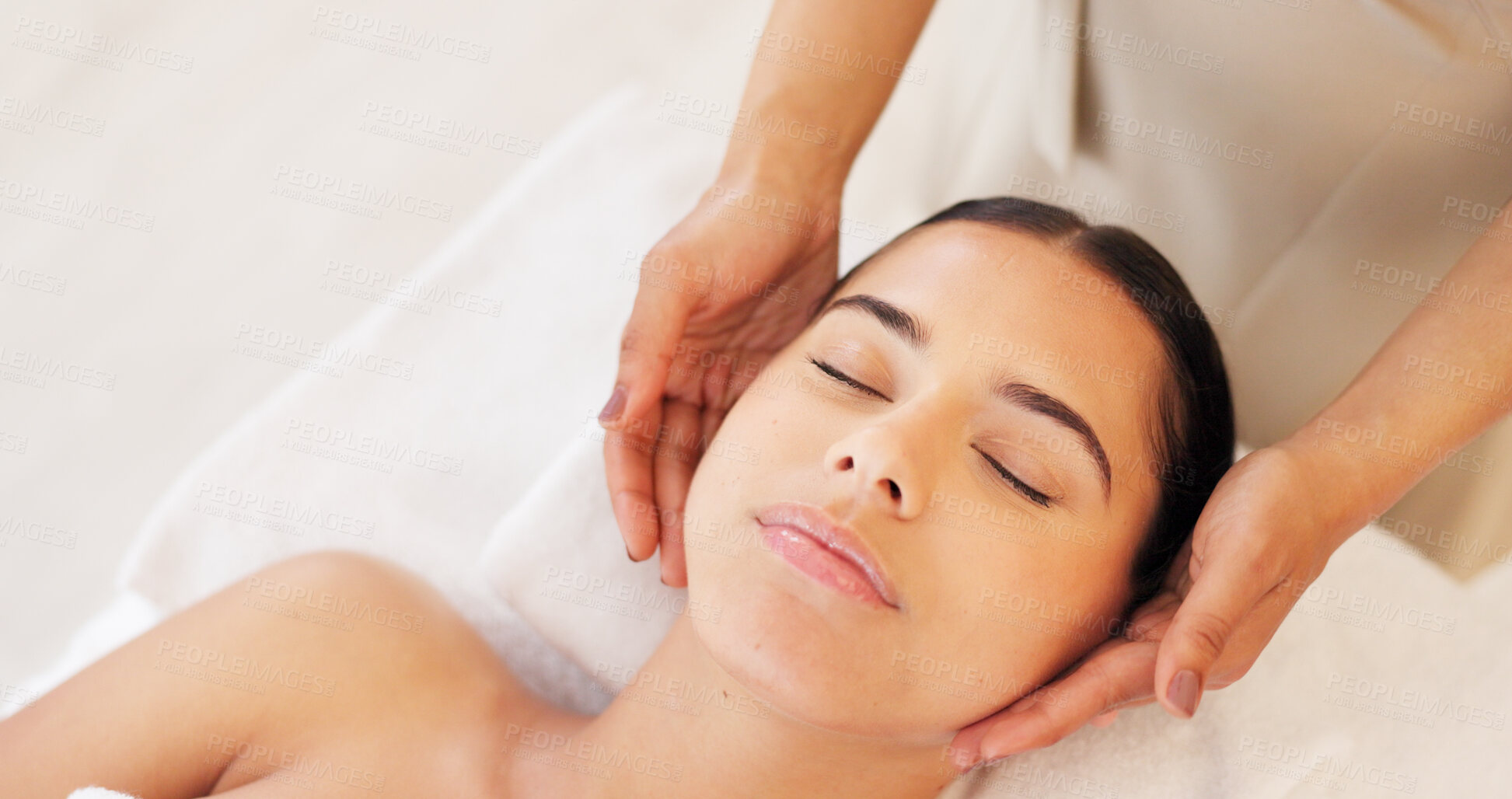 Buy stock photo Woman, relax and spa face massage for wellness, health and skincare treatment. Beauty, salon and hands of therapist healing in facial therapy, peace and calm in zen for luxury service of body care