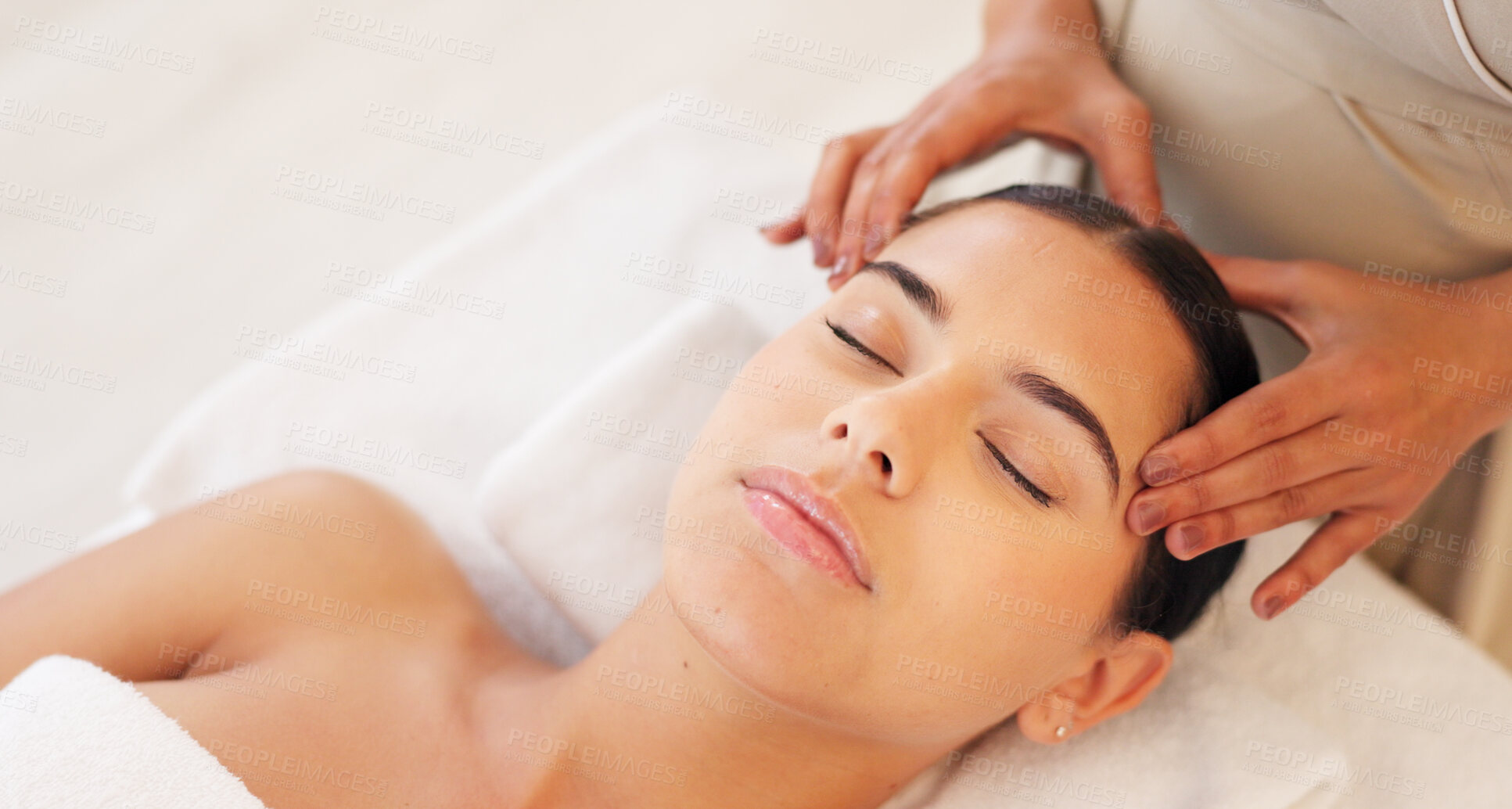 Buy stock photo Woman, relax and spa head massage for wellness, health and skincare treatment. Beauty, salon and hands of therapist healing in facial therapy, peace and calm in zen for luxury service of body care