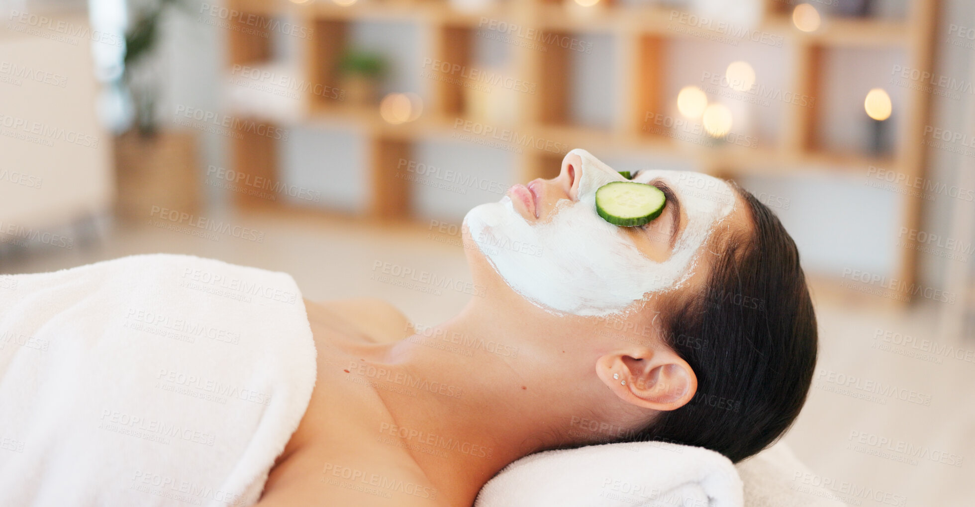 Buy stock photo Woman, relax and skincare with face mask in spa or professional beauty salon for anti aging, acne or collagen. Female person relax for facial treatment, dermatology or health and wellness at resort