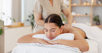 Relax woman, spa back massage and luxury wellness for zen therapy, beauty and rich skincare. Therapist muscle reflexology on salon bed, stress relief and healthy body, holistic detox and self care