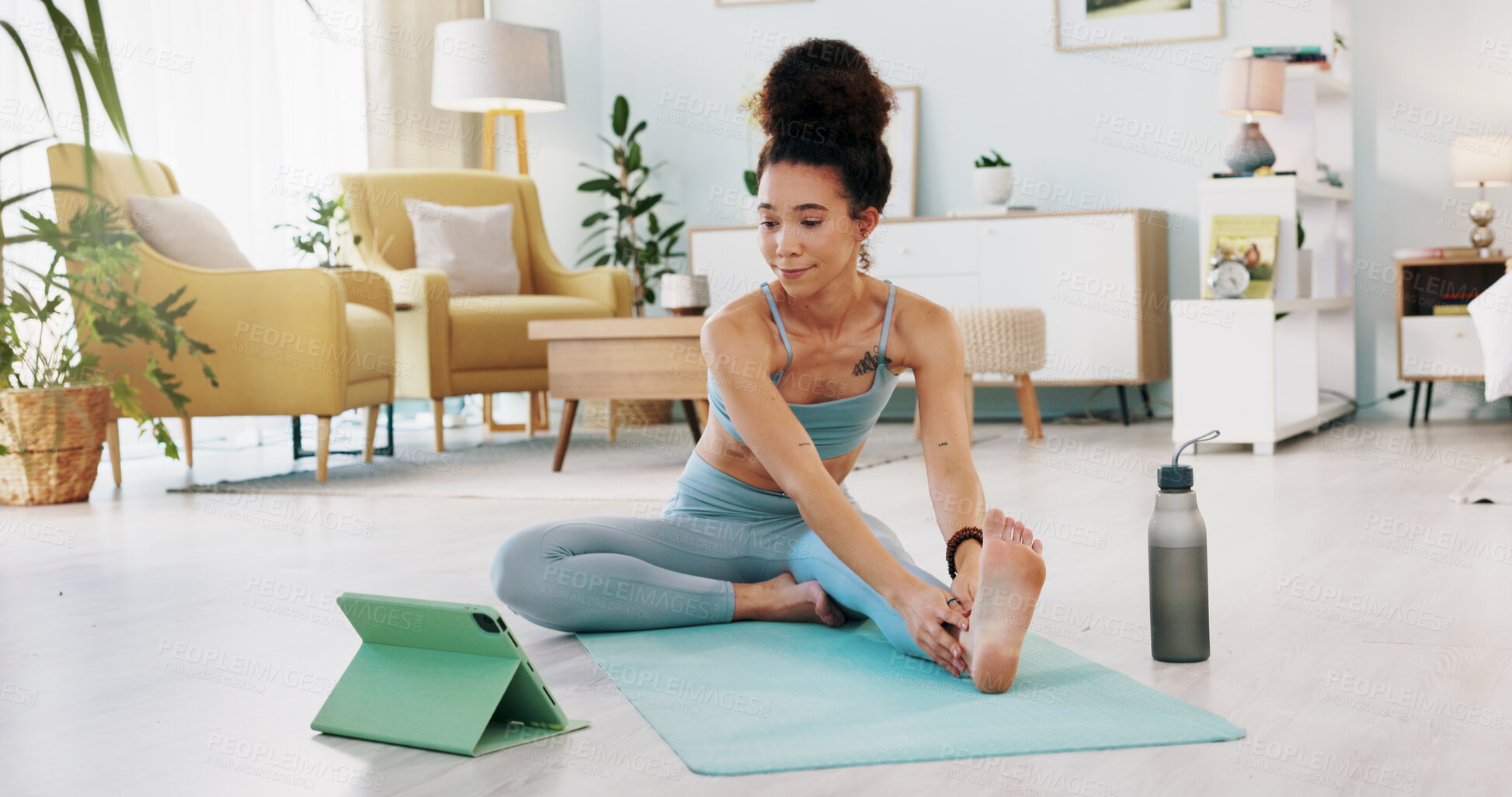 Buy stock photo Fitness, yoga or meditation with woman, tablet and exercise with wellness, training and connection in living room. Girl, technology and person with chakra, mindset or digital apps with health or home