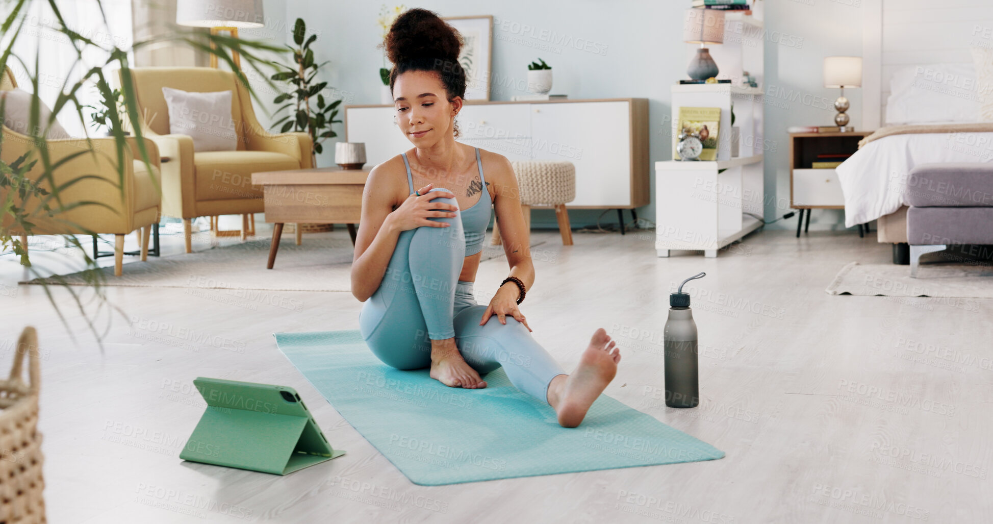 Buy stock photo Woman, tablet and yoga for home fitness, online class and streaming in living room for meditation, wellness or health. Young person on floor for pilates, exercise and workout on digital or video call