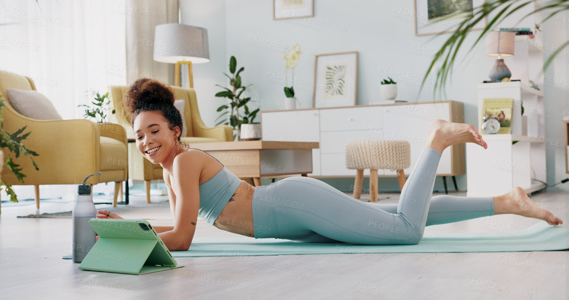 Buy stock photo Training, yoga or meditation with woman, tablet and workout with wellness, training and digital apps in living room. Girl, technology or person with exercise, home and fitness with health or internet