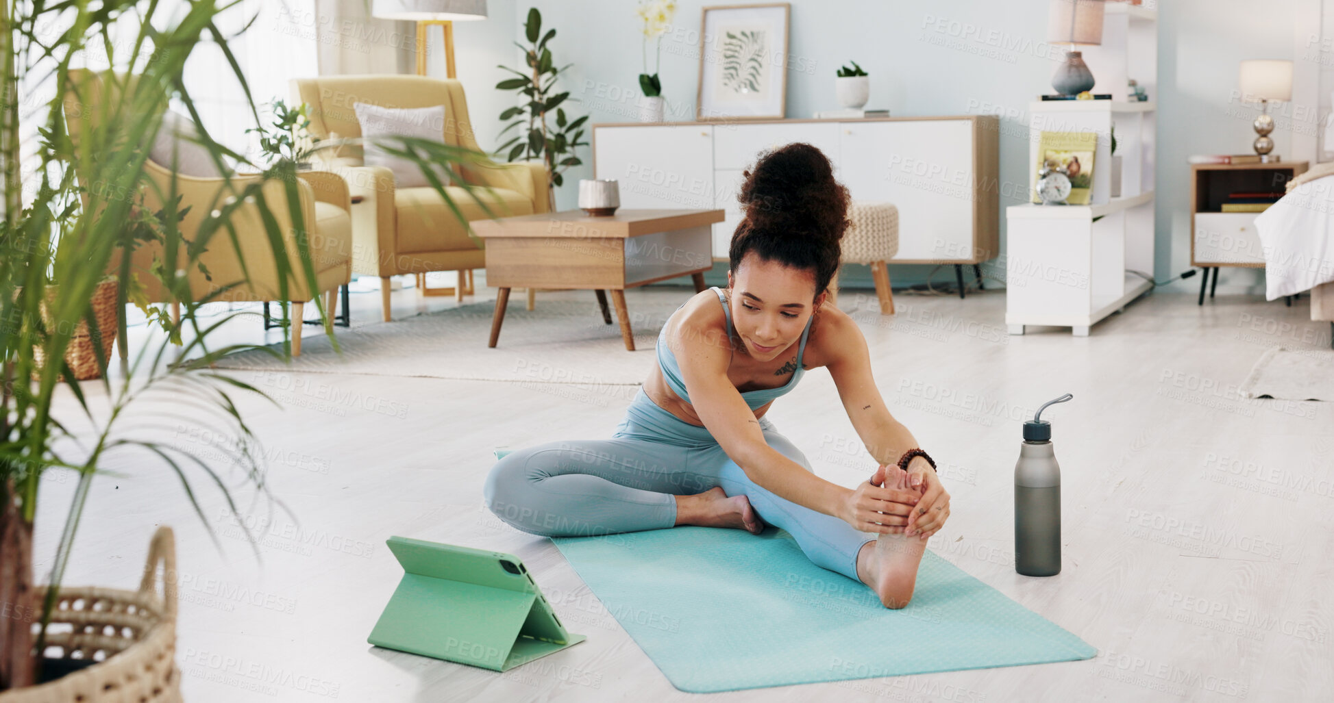 Buy stock photo Home, yoga or meditation with woman, tablet and digital apps with wellness, training and connection in living room. Girl, technology or person with exercise, mindset and fitness with health or active