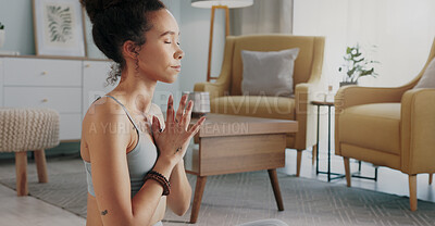 Buy stock photo Woman, relax and yoga in meditation, exercise or zen workout for spiritual wellness in living room at home. Calm female person or yogi in fitness, breathing or lotus for healthy mind and awareness