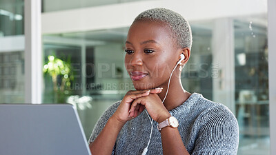 Buy stock photo Office, video call and black woman with headphones, laptop and virtual conference for business networking. Webinar, computer and businesswoman with earphones for online meeting, presentation or pitch